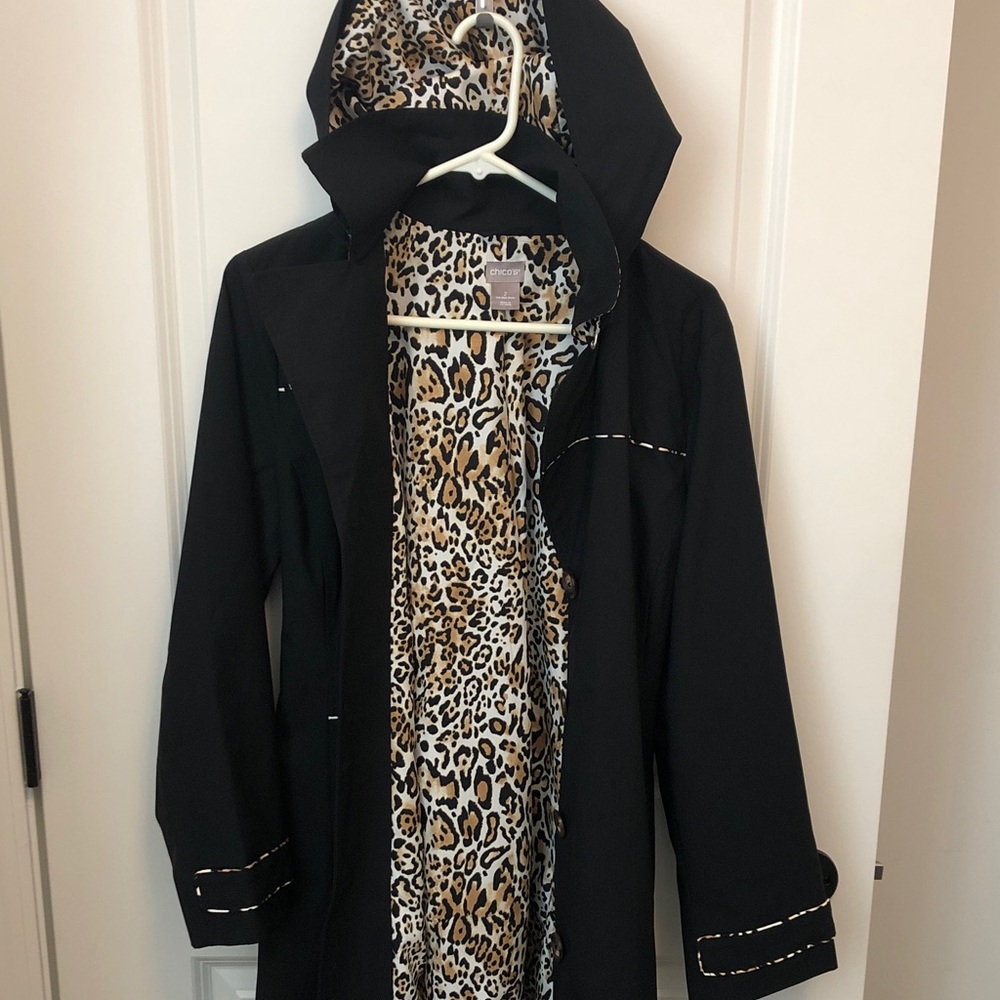 Chico's Black Hooded Rain Trench Coat with Leopard Print Lining & Removable Hood